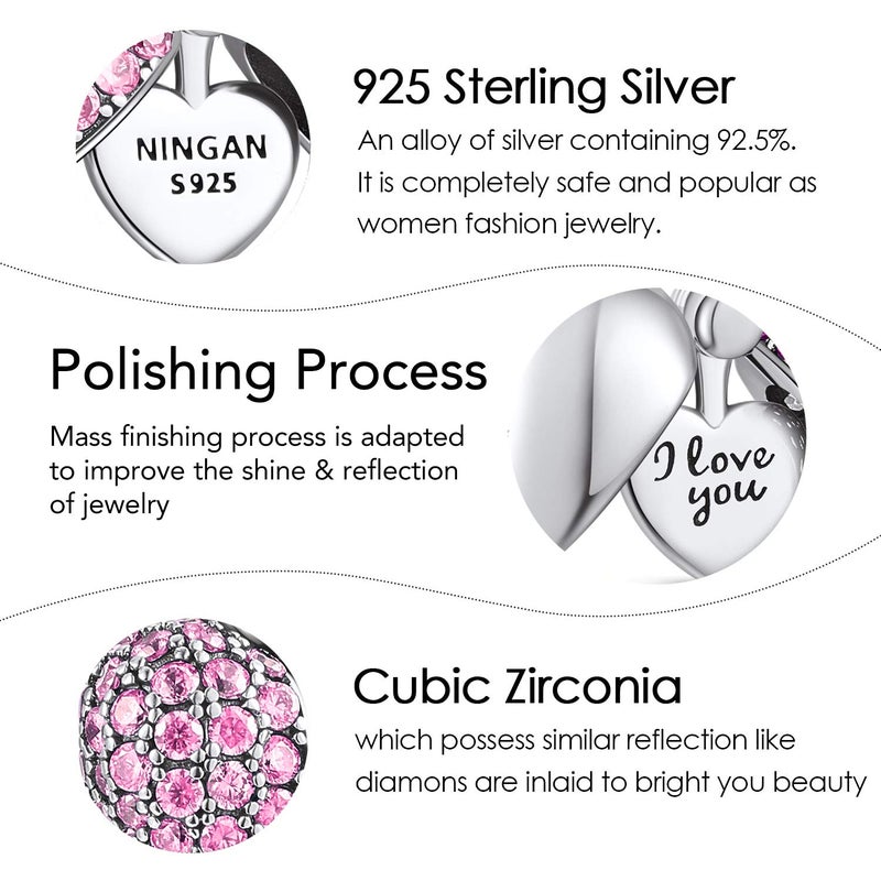 NINGAN â€œYou & Meâ€ Pink Heart Pendant Love Charm 925 Sterling Silver Dangle Charms Compatible with Major European Bracelets & Necklaces - Image 4